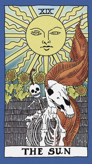 A tarot card titled 'THE SUN' featuring a radiant sun face, a skeleton on horseback, and sunflowers in the background, numbered XIX.