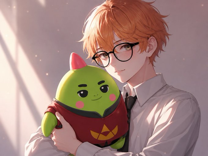 An anime-style character with orange hair and glasses affectionately cradles a green, gremlin-like plush toy wearing a red outfit. The image evokes a sense of warmth and care, visually reinforcing the post's theme of nurturing healthy habits and tracking progress, though no specific text or tickers appear within the artwork itself.