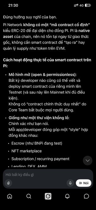 A Vietnamese text screenshot from Grok AI explaining that Pi Network has no fixed ERC-20 contract and that PI is a native chain asset, discussing how smart contracts function on the platform.