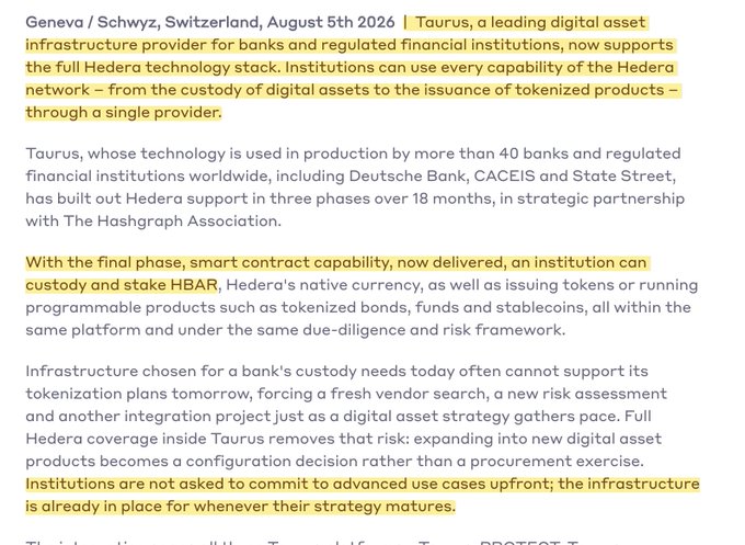 A screenshot of an article dated 'Geneva / Schwyz, Switzerland, August 5th 2026' about Taurus, a digital asset infrastructure provider, announcing support for the full Hedera technology stack, with highlighted text emphasizing the strategic partnership and capabilities for financial institutions.