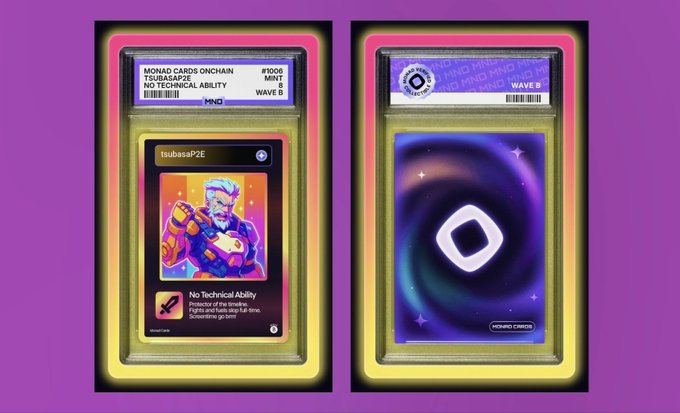 Two digital trading cards labeled 'MONAD CARDS ONCHAIN' displayed in protective cases, one showing a character named 'TsubasaPE' with 'No Technical Ability' and a glowing hexagonal symbol on the reverse.