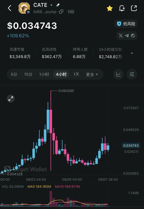 A cryptocurrency price chart for CATE (Ai66...pump) showing a current price of $0.034743 with a +109.62% gain, displaying 4-hour candlestick data and a market cap of $3,349.8万.