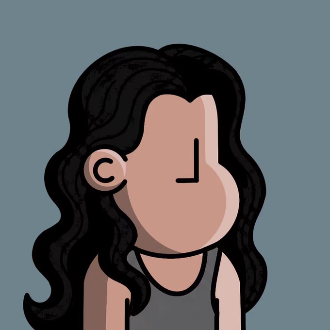 A minimalist digital illustration of a woman in profile with long black wavy hair, facing left against a gray background.