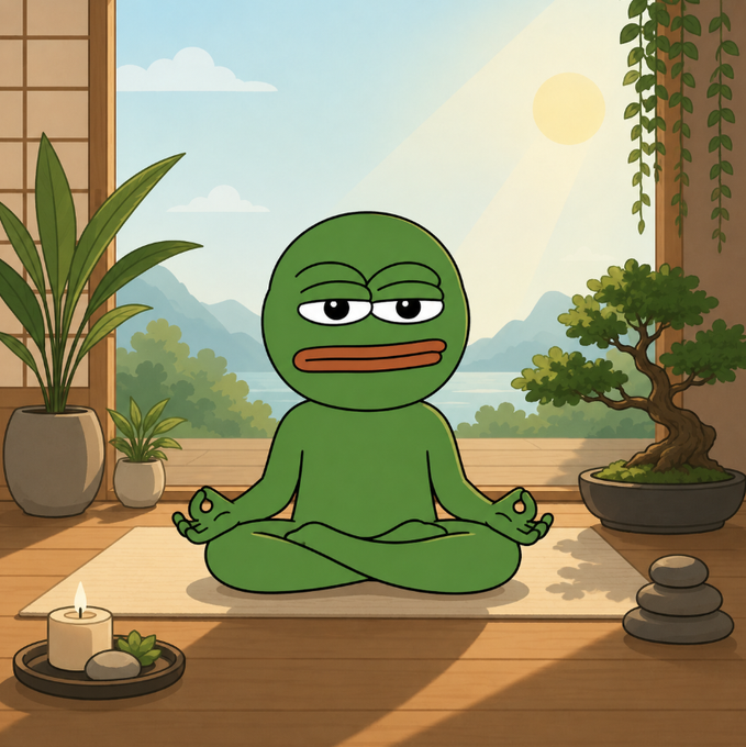 A green Pepe-style character meditates in a lotus pose on a yoga mat, surrounded by serene zen decor including potted plants, a bonsai tree, stacked stones, and a candle. The image visually reinforces the post's message of calm composure and patience amid volatile markets, mirroring the "no panic, just balance" mentality of the Pephead meme.