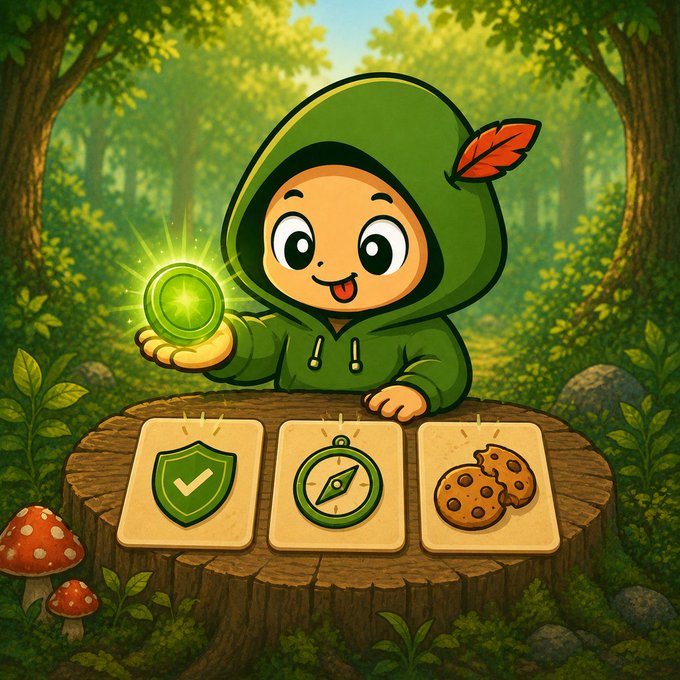 A cartoon illustration of a smiling child in a green hood holding a glowing green orb, with three cards displaying a shield, compass, and cookies on a tree stump.
