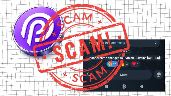 The image shows the purple Pyth Network logo overlaid with a large red "SCAM" stamp, alongside a screenshot of a Telegram channel showing the name changed to "Pythian Bulletins [CLOSED]," visually reinforcing the post's claim that Pyth's content campaign scammed the majority of its 7,500 creators by only paying out to 300.