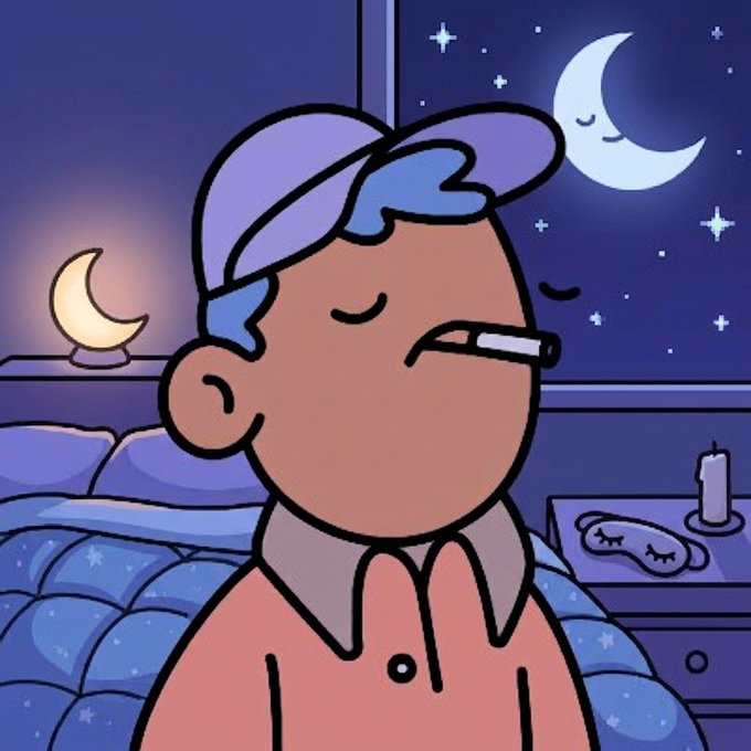 A cartoon illustration depicts a person with blue hair, wearing a cap and holding a cigarette in their mouth, sitting against a nighttime background with two crescent moons.