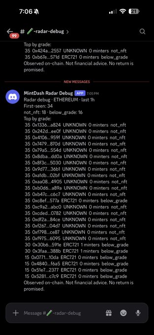 A Discord chat in the #radar-debug channel displays a "MindDash Radar Debug BETA" bot listing Ethereum wallets with mint counts (0-35) and grades like UNKNOWN or ERC721 0 minters below_grade, tied to the post's note about new tools.