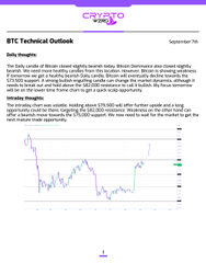 A blurry BTC Technical Outlook report dated September 7th showing daily Rejection insights and price chart analysis with purple trend lines.