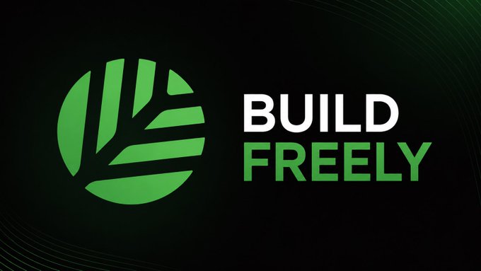 A logo featuring a green stylized circular icon alongside the text "BUILD FREELY" in white and green lettering on a dark background, visually reinforcing the message that Canopy Network (@CNPYNetwork) enables developers to freely build and deploy Web3 applications with AI-powered infrastructure.