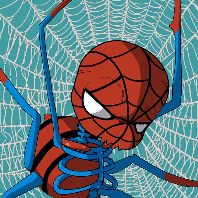 A cartoon-style illustration of a Spider-Man character caught in its own web, with blue limbs wrapping around its red body against a teal webbed background.