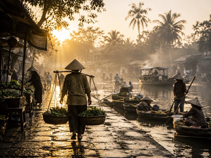 A warm, golden-hour scene of a Vietnamese floating market, where vendors in conical hats navigate small wooden boats on the water and carry baskets on shoulder poles along the stone walkway, framed by palm trees.