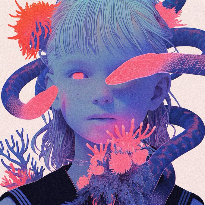 A digital illustration features a blue-skinned character with glowing pink eyes, surrounded by pink snakes and coral-like flora.