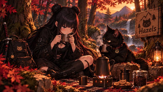 An anime-style illustration shows a girl with twin buns and a black cat sharing a tea break in an autumn forest, with a sign reading 'Hazels' nearby.
