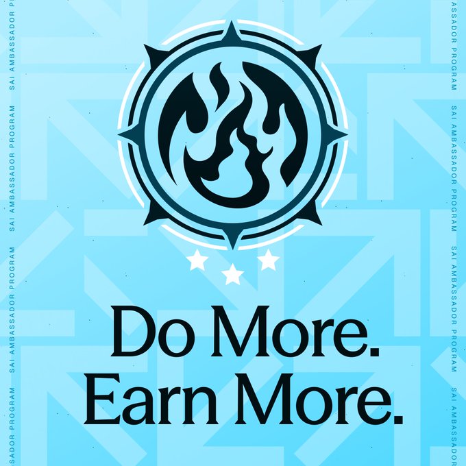 Blue promotional graphic for an SAI Ambassador Program featuring a flame emblem with the tagline 'Do More. Earn More.'