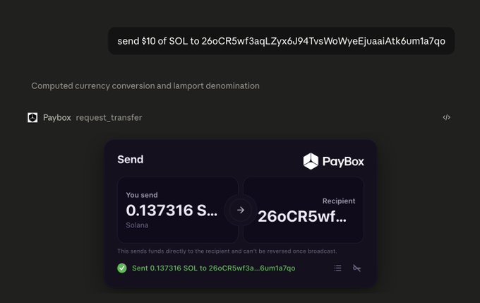 A dark-themed screenshot shows a prompt to "send $10 of SOL to 26oCR5wf3aqLZyx6J94TvsWoWyeEjuuaaiAtk6um1a7qo," with the computed transfer displaying 0.137316 SOL sent successfully to that address via PayBox's request_transfer feature. The image aligns with the post by visually confirming the recipient's wallet address was paid using the PayBox tool.