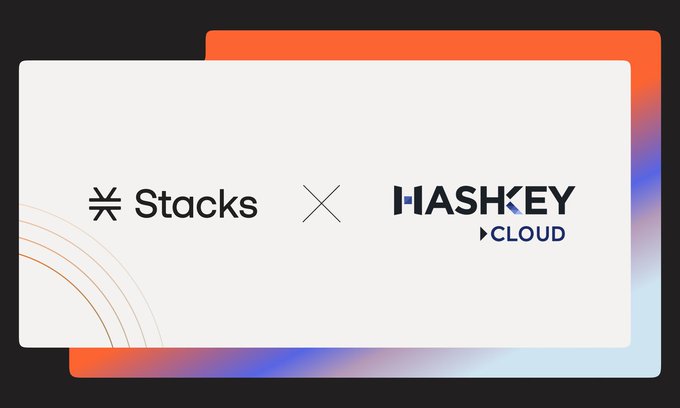 A graphic showing a partnership between "Stacks" and "HASHKEY CLOUD" separated by an X symbol on a colorful gradient background.