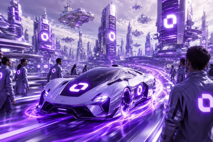 A futuristic cityscape bathed in purple neon light showcases a sleek silver sports car emblazoned with the "O" Mento logo speeding through a high-tech metropolis, visually echoing Mento Labs' launch of the AUSD/USDm FX pool on Monad by symbolizing the fusion of digital finance and futuristic infrastructure.