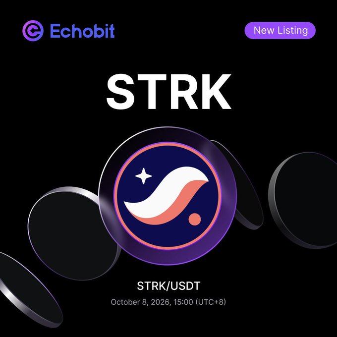 A promotional image for an Echobit new listing of the cryptocurrency 'STRK', showing a logo and the pairing 'STRK/USDT' dated October 8, 2026.
