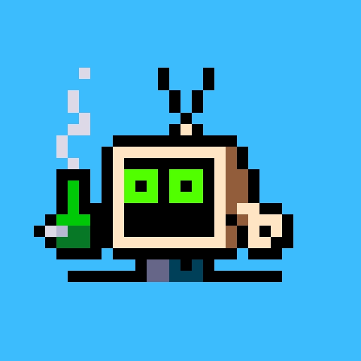 A pixel art character with a television-like head and green square eyes holds a smoking test tube and a brown box against a bright blue background.