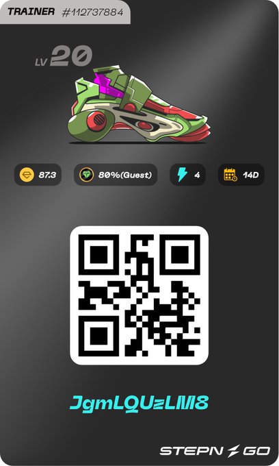 A STEPN GO mobile game screenshot showing a Level 20 green and purple sneaker trainer (ID #112737884) with stats of 87.3 and 80% Guest efficiency, along with a QR code and the alphanumeric string 'JgmLQUzLltM8'.