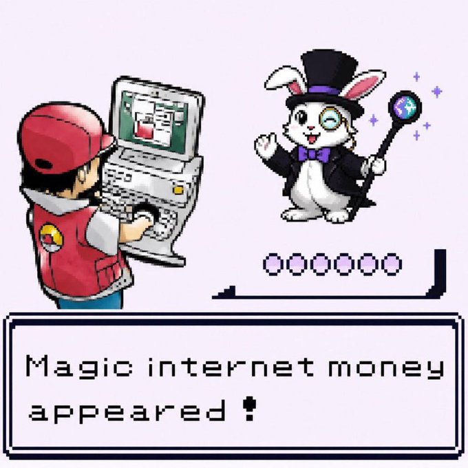 The image features two cartoon characters, one of them holding a laptop computer while another character, dressed as a rabbit with a top hat, stands next to him. The background shows a purple wall with a sign that reads "Magic Internet Money Appeared". This suggests that there is an ongoing project or game related to magic internet money and it has been around for quite some time.