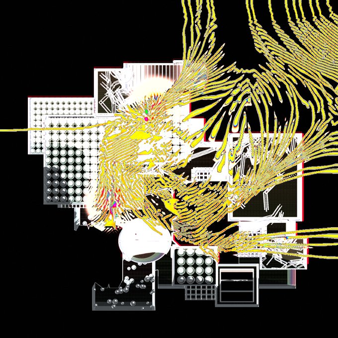 An abstract digital collage with glitch-art elements, showing yellow sweeping lines and glitchy textures overlaid on a black and white architectural or technical diagram.