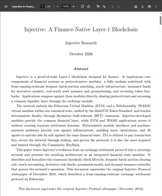 A document viewer displays a research paper titled "Injective: A Finance-Native Layer-1 Blockchain" dated October 2026 by Injective Research, beginning with an abstract that discusses financial systems and protocol-native modules.