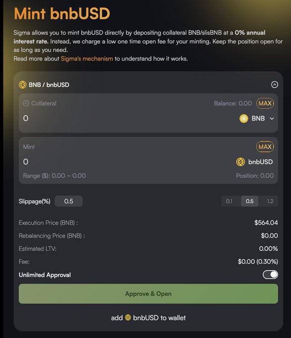 A dark-themed interface for minting bnbUSD on Sigma, showing fields for BNB/bnbUSD collateral, minting amount, slippage, and an "Approve & Open" button.