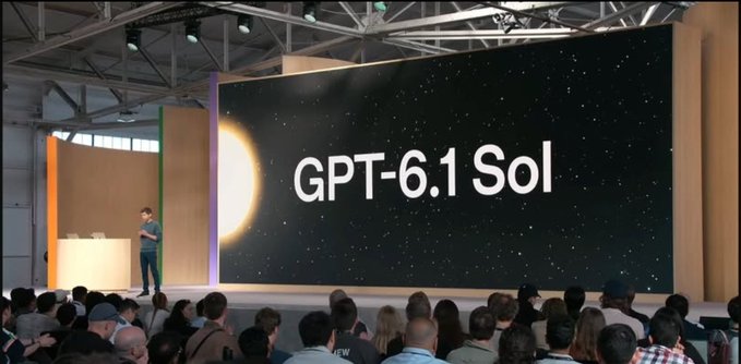 A presentation stage with a large screen displaying 'GPT-6.1 Sol' against a starry background with a sun, while a speaker stands on the left side addressing an audience visible from behind.