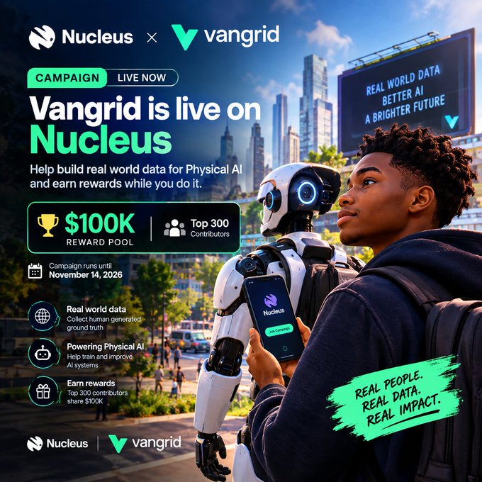 A promotional campaign poster announces 'Vangrid is live on Nucleus,' featuring a $100K reward pool for the top 300 contributors, with the campaign running until November 14, 2026, and the tagline 'Real People. Real Data. Real Impact.'