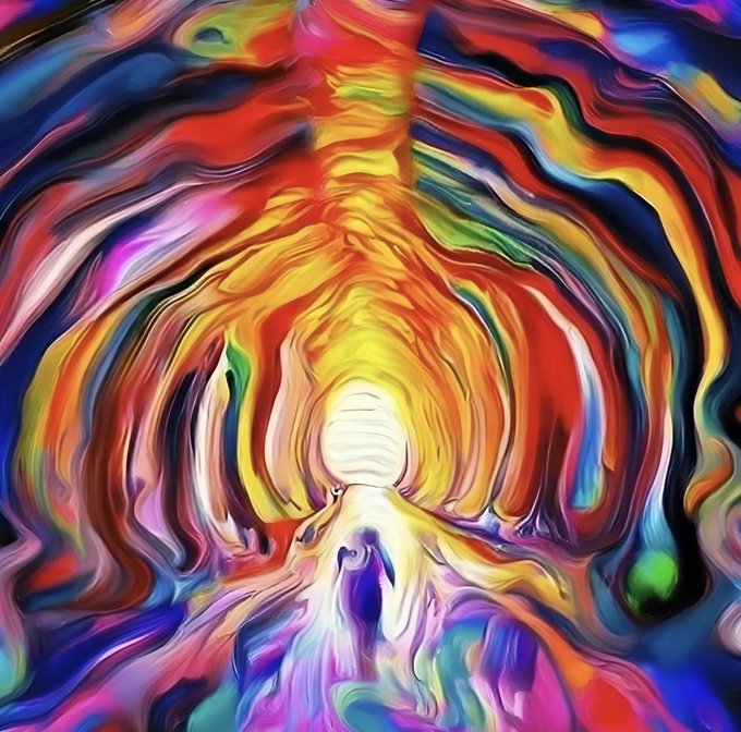 The image features a colorful abstract painting of an underground tunnel with a person walking through it. The colors used are predominantly red, orange, yellow, green, blue, purple, pink, and white. The artist's name is not visible but there is a caption that reads "Uli Art Artwork: Courage 13.7 ETH - 1/1 Why did I feel that?: The life is not easy, but you can if you doing the correct thing Support all artist that you like". This message seems to be related to the painting's theme of courage and overcoming challenges in difficult situations.

The image also includes a person walking through an underground tunnel with colorful paintings on the walls surrounding them. The artwork appears to be abstract, which adds to its visual appeal and complexity.