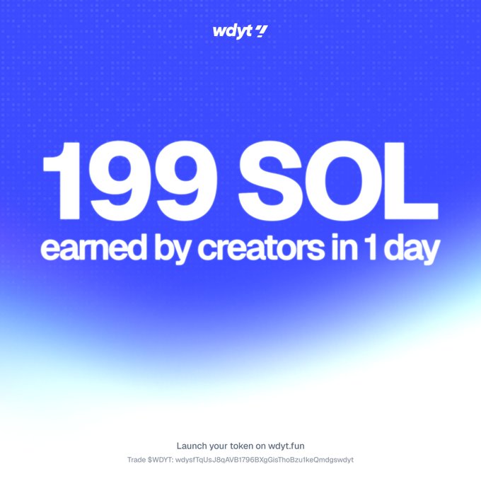 A blue promotional graphic reading 'wdyt — 199 SOL earned by creators in 1 day — Launch your token on wdyt.fun'