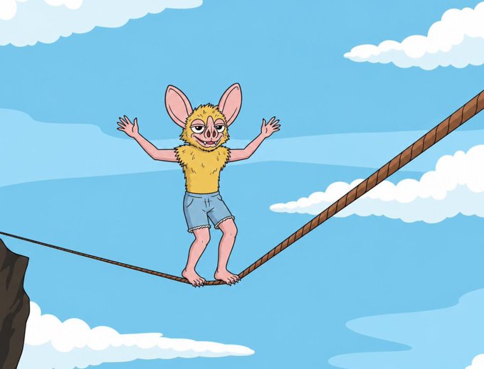 A cartoon illustration of a person wearing a furry yellow animal mask and blue denim shorts, walking barefoot on a tightrope high above a cliff edge against a blue sky with white clouds.