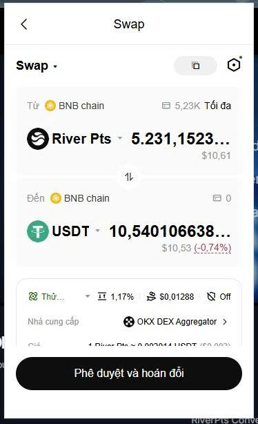 A mobile crypto swap interface on BNB chain showing an exchange of River Pts (5,231,1523) to USDT (10,54010638) at $10.61/$10.53 with a 1.17% fee, with an "OKX DEX Aggregator" label and a "Phê duyệt và hoàn đổi" (Approve and swap) button.