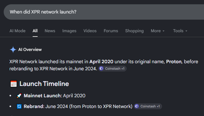 A Google search result answering 'When did XPR network launch?' showing that XPR Network launched its mainnet in April 2020 under the name Proton before rebranding to XPR Network in June 2024.