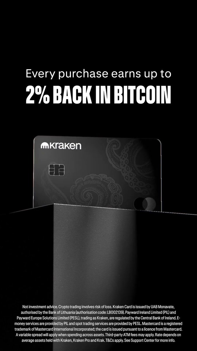 A Kraken-branded Mastercard sits on a black pedestal beneath the tagline "Every purchase earns up to 2% BACK IN BITCOIN," visually reinforcing the post's announcement of the Kraken Card's Bitcoin cashback rewards.
