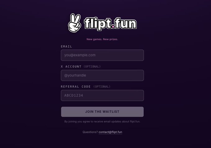 A 'flipt.fun' waitlist sign-up page with a dark purple background, offering fields for email, X account, and an optional referral code.