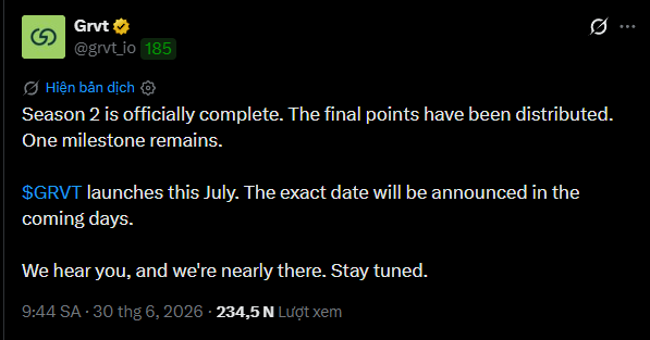 A tweet from Grvt (@grvt_io) announces Season 2 is complete with final points distributed, and that $GRVT launches in July with the exact date to be announced.