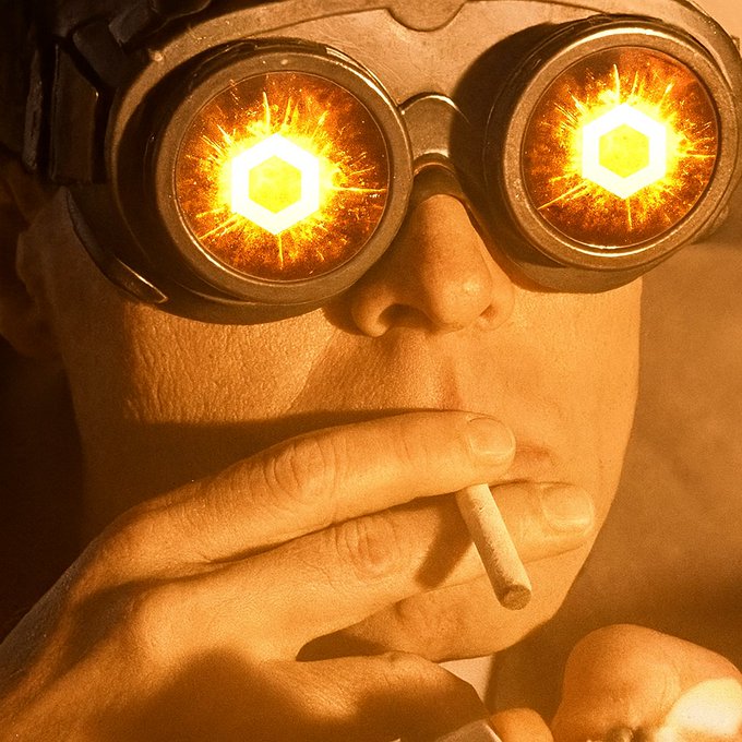 A close-up portrait shows a person wearing goggles with hexagonal, glowing amber lenses, holding a cigarette near their mouth, bathed in warm orange light. The futuristic, almost surreal aesthetic with its intense glowing eyes visually evokes the evocative "high" and intensity implied by the accompanying "$Link $13" post.
