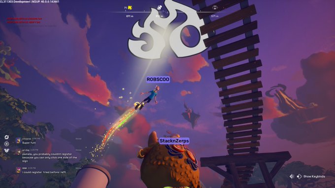 A video game screenshot shows a player with a rainbow trail flying through a purple sky near wooden structures, with player names 'ROBSCOOO' and 'StacknZerps' visible.