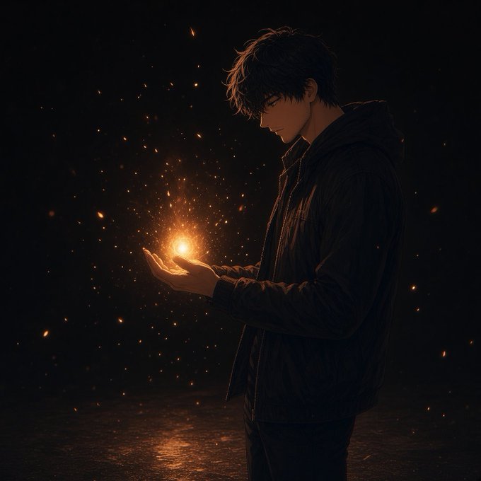 An anime-style illustration of a dark-haired young man in a black hooded jacket holding a glowing orb of light in his cupped hands against a dark background.