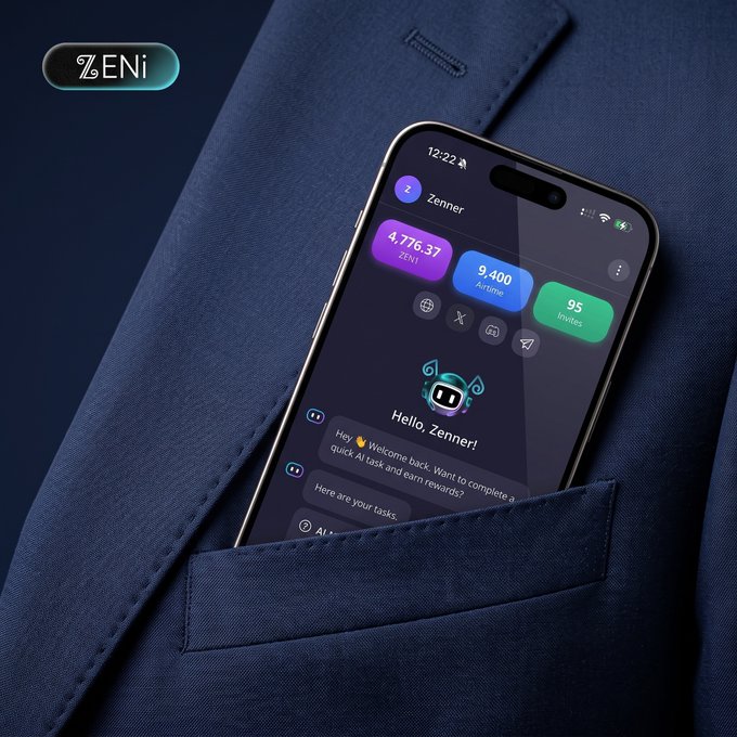 A smartphone in a suit pocket displaying a 'ZENi' crypto wallet app interface showing a balance of 4,776.37 ZENi and 9,400 Autumn tokens.