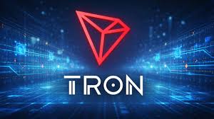 The image features the TRON logo—a red diamond-shaped icon—displayed above the word "TRON" in white text, set against a futuristic blue digital grid background that symbolizes blockchain technology and innovation. This visual reinforces the post's message about TRON's developer-friendly ecosystem and its capacity to support heavy-throughput decentralized applications.