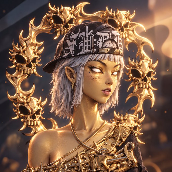 A 3D digital rendering of a golden-skinned female character with silver hair, wearing a black cap and gold ornate accessories.