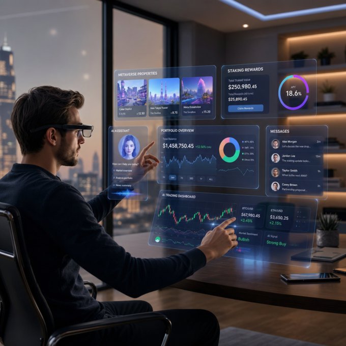 A man wearing glasses interacts with futuristic holographic displays showing 'METaverse Properties,' 'STAKING REWARDS' (Total Staked Value $250,980.45, APY 18.6%), 'AI Assistant,' 'PORTFOLIO OVERVIEW,' 'AI TRADING DASHBOARD,' and 'MESSAGES' in a modern high-rise apartment.