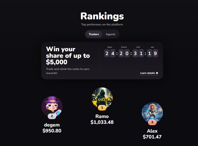 A dark-themed "Rankings" leaderboard displays top traders with a countdown timer of 24:20:31:19, showing "degem" at #2 ($950.80), "Ramo" at #1 ($1,033.48), and "Alex" at #3 ($701.47), alongside a $5,000 prize pool promotion. The leaderboard ties into the post's longing for the "Degen era" by showcasing a current "degem" trader (rank #2), suggesting the Degen spirit is still alive on the platform even as Base competes with Robinhood, Solana, and BNB.