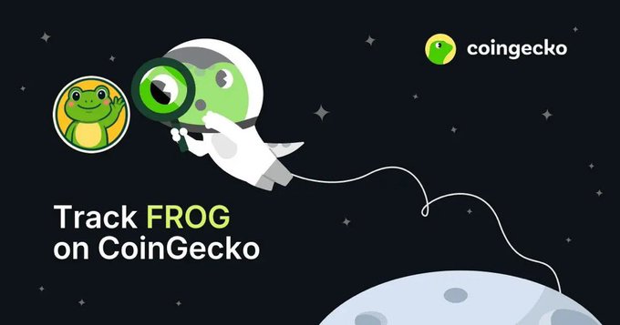 Coingecko promotional graphic with an astronaut examining a green frog, text reads 'Track FROG on CoinGecko' with the Coingecko logo in the corner.