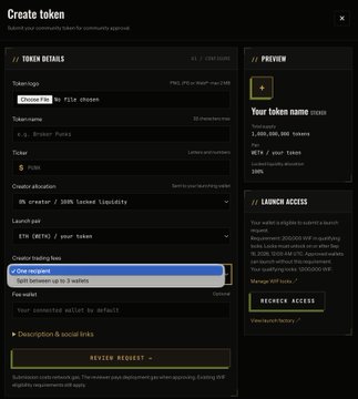 A 'Create token' interface screen showing form fields for token details, description, and social links, with a preview panel on the right.