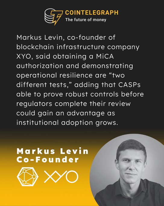 A Cointelegraph graphic features a quote from Markus Levin, Co-Founder of blockchain infrastructure company XYO, highlighting that CASPs proving robust controls ahead of regulators completing MiCA reviews could gain an advantage as institutional adoption grows. The image promotes a Cointelegraph article that quotes XYO's co-founder, aligning with the post celebrating the publication's coverage of the company.